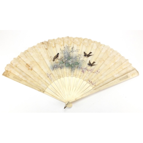 411 - Victorian silk lace fan with carved bone guards and sticks, hand painted with birds and flowers, 36c... 