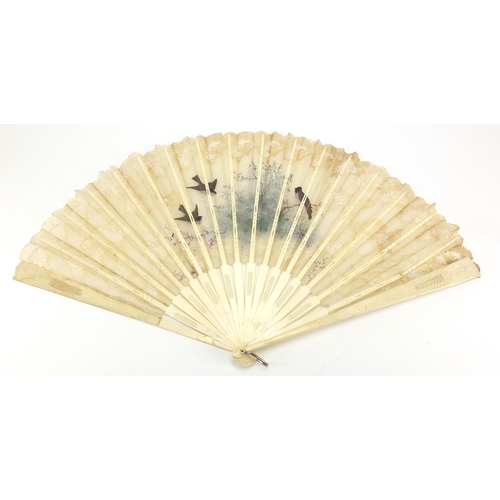 411 - Victorian silk lace fan with carved bone guards and sticks, hand painted with birds and flowers, 36c... 