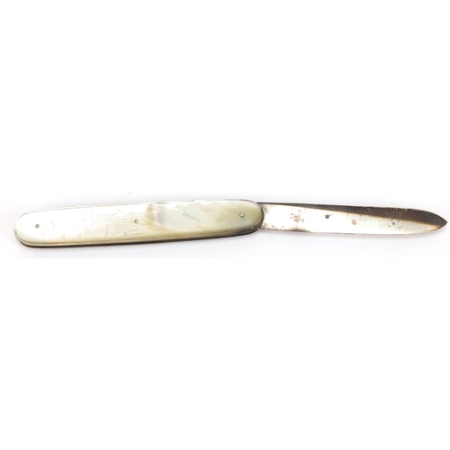 416 - Silver and Mother of Pearl folding fruit knife, with engraved decoration, T.M Sheffield 1928, 9cm in... 