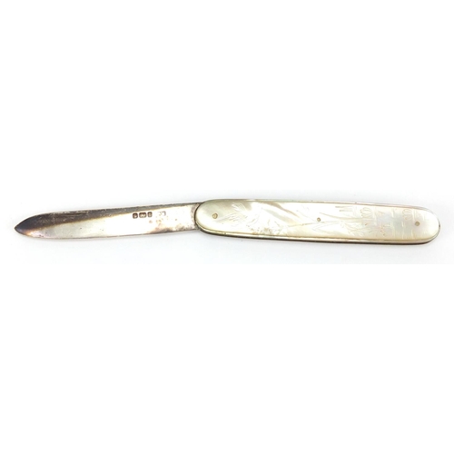 416 - Silver and Mother of Pearl folding fruit knife, with engraved decoration, T.M Sheffield 1928, 9cm in... 