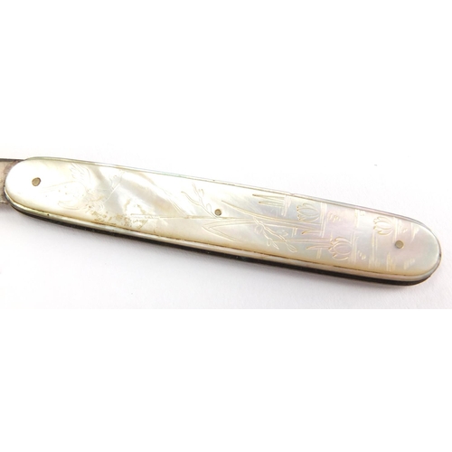 416 - Silver and Mother of Pearl folding fruit knife, with engraved decoration, T.M Sheffield 1928, 9cm in... 