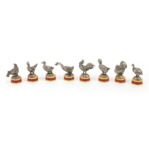 418 - Group of novelty Toffano silver plated place card holders including chickens, the largest 4.5cm high