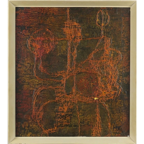 432 - Abstract composition, oil on board, bearing a monogram HC, framed, 44.5cm x 39cm