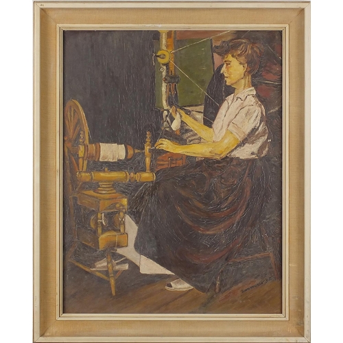 433 - Lady in an interior spinning yarn, 20th century English school oil on board, bearing a signature Joh... 