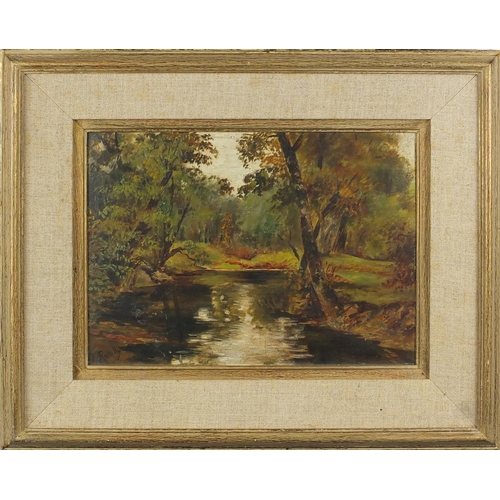 434 - River through woodland, oil on board, bearing a signature F Rahilly and Dublin label verso, mounted ... 