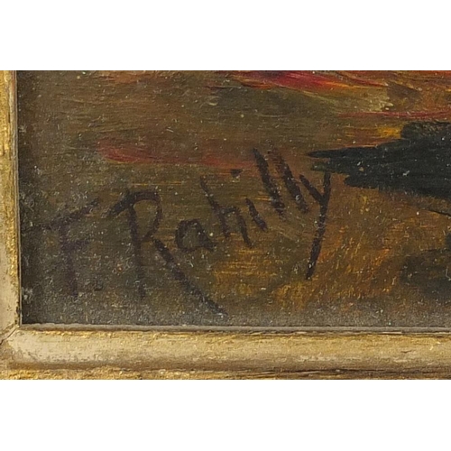 434 - River through woodland, oil on board, bearing a signature F Rahilly and Dublin label verso, mounted ... 