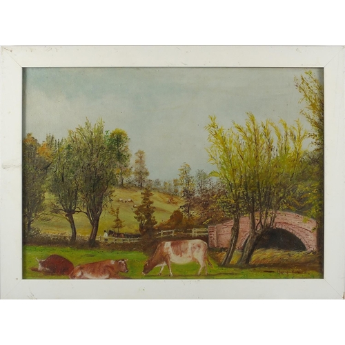 435 - Cattle in a field, oil onto canvas board, bearing a signature Owen Bowen and inscription verso, fram... 