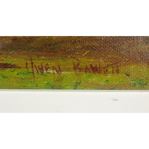 435 - Cattle in a field, oil onto canvas board, bearing a signature Owen Bowen and inscription verso, fram... 