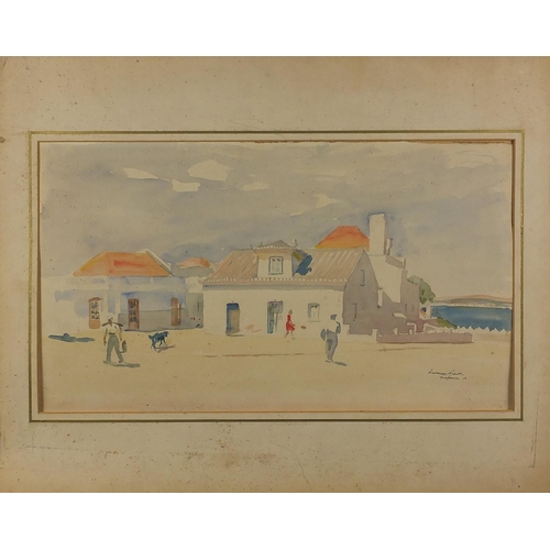 436 - Russell Sidney Reeve - Old cottages, continental coastal scene, watercolour on card, mounted unframe... 