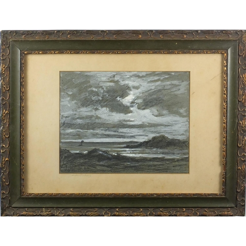 437 - Hector Chalmers - Rocky coastal scene, chalk and body colour, mounted and framed, 27.5cm x 22cm