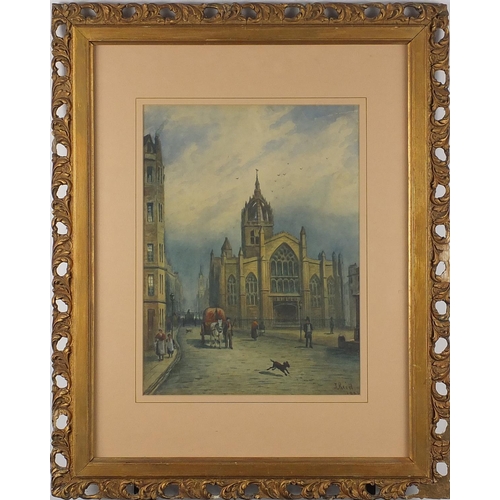 440 - J Reid - St Giles Cathedral Edinburgh, 19th century Scottish school watercolour, mounted and framed,... 