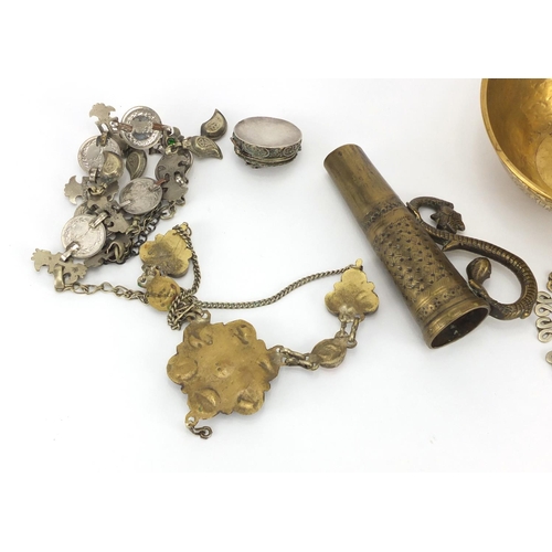 456 - Islamic objects including a silver pill box, engraved brass bowl and three necklaces, the bowl 13cm ... 