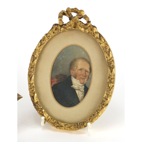 463 - Antique and later objects including hand painted portrait miniature of a gentleman, silver plated ca... 