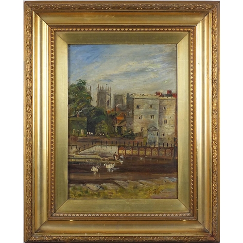 479 - E Waldman - York Minster from the River Ouse, mid 19th century oil onto canvas, label verso, mounted... 