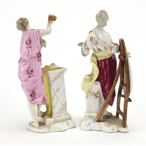 496 - Pair of 19th century German hand painted porcelain figures of the artist and the sculpture, blue cro... 