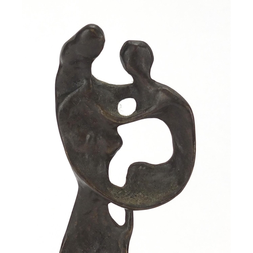 498 - Modernist bronze sculpture of mother and child on rectangular marble base, overall 25cm high