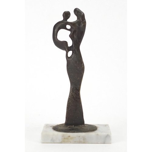 498 - Modernist bronze sculpture of mother and child on rectangular marble base, overall 25cm high