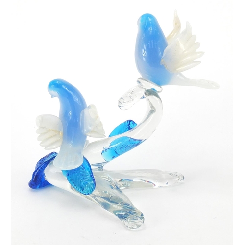 500 - Murano blue and white glass bird group with gold flecking, 20cm high