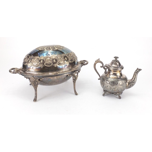 520 - Victorian silver plated breakfast dish and a teapot embossed with vines