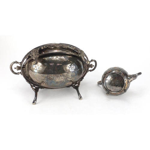 520 - Victorian silver plated breakfast dish and a teapot embossed with vines