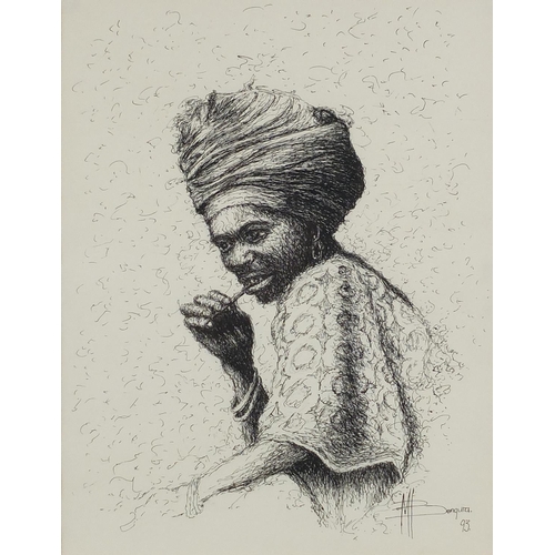 565 - Mohamed Bangura - Three African portraits, one titled 'Lamrana Bah', ink on paper, each mounted and ... 