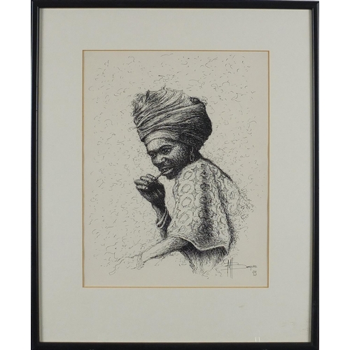 565 - Mohamed Bangura - Three African portraits, one titled 'Lamrana Bah', ink on paper, each mounted and ... 