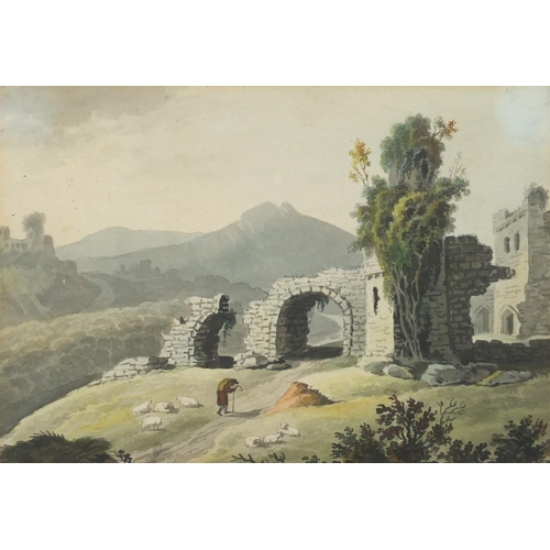 566 - Figure by ruins, two 19th century watercolours, each with labels and inscribed Venture verso, mounte... 