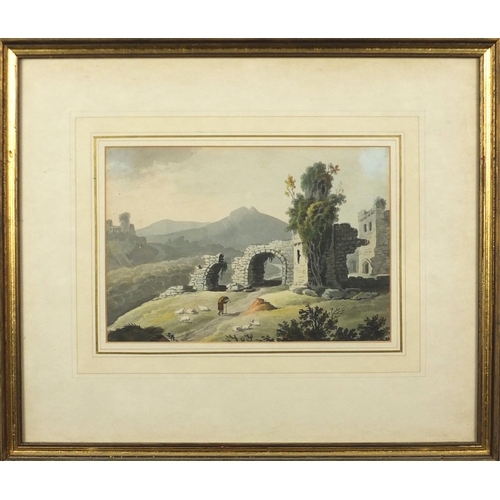 566 - Figure by ruins, two 19th century watercolours, each with labels and inscribed Venture verso, mounte... 