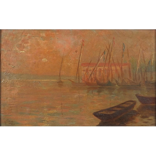 567 - G Thorn - Rhoda Island, Cairo and river view of a city, pair of early 20th century oil on boards, bo... 