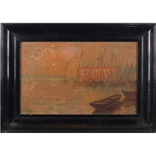 567 - G Thorn - Rhoda Island, Cairo and river view of a city, pair of early 20th century oil on boards, bo... 