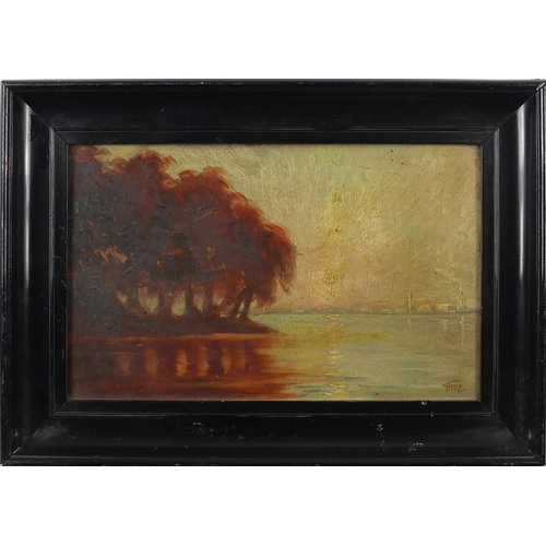 567 - G Thorn - Rhoda Island, Cairo and river view of a city, pair of early 20th century oil on boards, bo... 