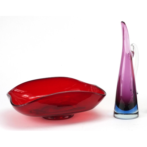 576 - Art glassware including a red glass bowl, purple Sommerso jug and stylised signed vase, the largest ... 