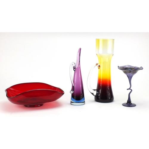 576 - Art glassware including a red glass bowl, purple Sommerso jug and stylised signed vase, the largest ... 