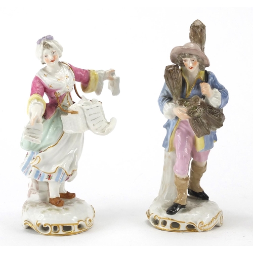 577 - Continental porcelain models of a gatherer and a lady vendor, both with blue cross sword marks to ba... 