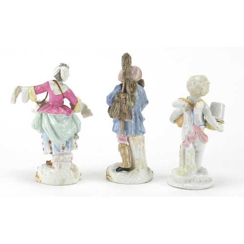 577 - Continental porcelain models of a gatherer and a lady vendor, both with blue cross sword marks to ba... 