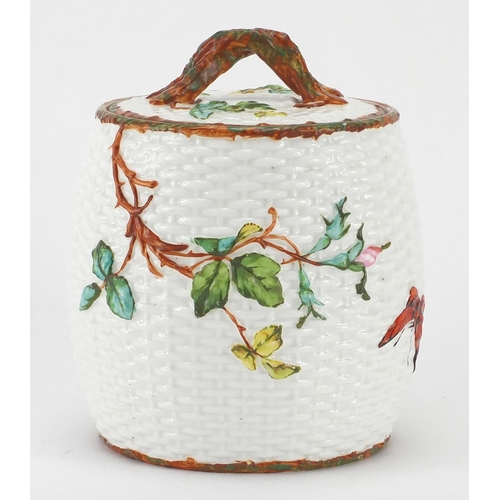 578 - Victorian aesthetic porcelain biscuit jar, hand painted and decorated in relief with insects and flo... 