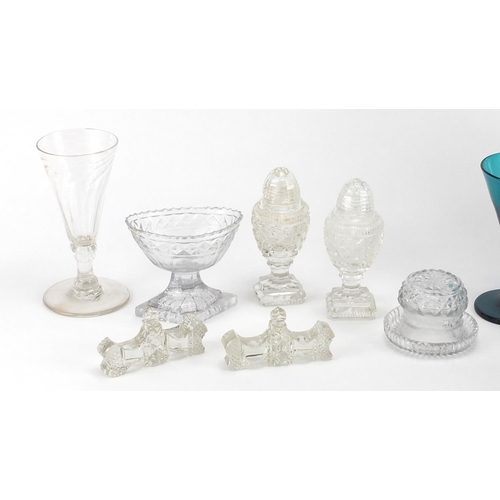 584 - 19th century and later glassware including green carafe with seal, pair of cut glass salt and pepper... 