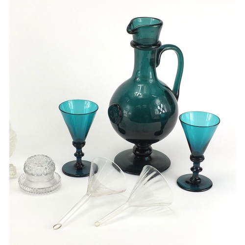 584 - 19th century and later glassware including green carafe with seal, pair of cut glass salt and pepper... 