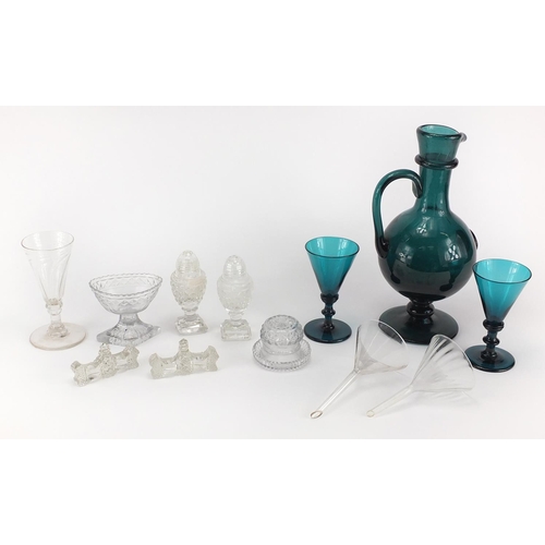 584 - 19th century and later glassware including green carafe with seal, pair of cut glass salt and pepper... 