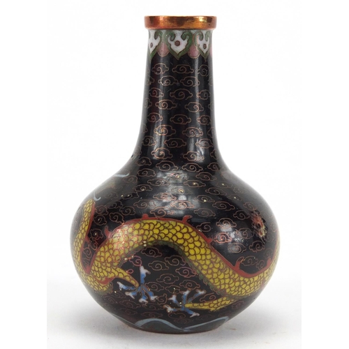 596 - Miniature Chinese cloisonné bottle vase, enamelled with a dragon chasing the flaming pearl amongst c... 