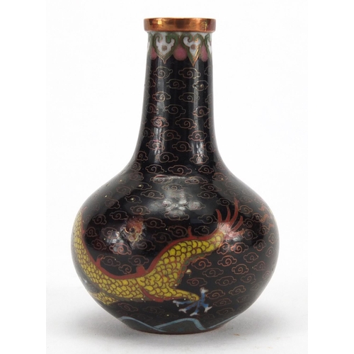 596 - Miniature Chinese cloisonné bottle vase, enamelled with a dragon chasing the flaming pearl amongst c... 