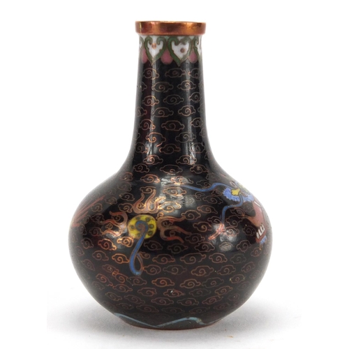 596 - Miniature Chinese cloisonné bottle vase, enamelled with a dragon chasing the flaming pearl amongst c... 