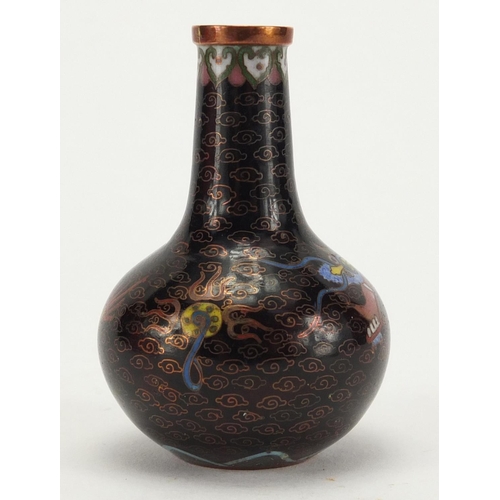 596 - Miniature Chinese cloisonné bottle vase, enamelled with a dragon chasing the flaming pearl amongst c... 