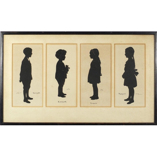 652 - H L Oakley - Cildren silhouettes on card, mounted and framed, each 24.5cm x 11.5cm