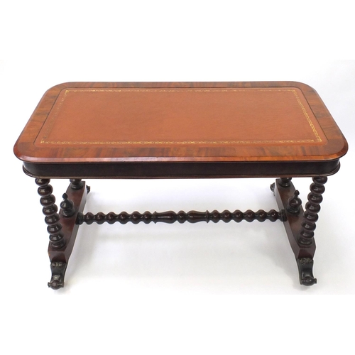 2039 - Mahogany library desk with tooled leather inset, bobbin turned supports and stretcher, 72cm H x 121c... 