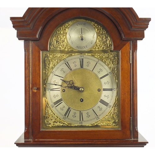 2016 - Mahogany long case clock with Westminster chine, brass dial and silvered chapter ring, 184cm high