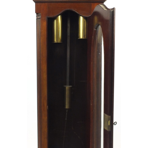 2016 - Mahogany long case clock with Westminster chine, brass dial and silvered chapter ring, 184cm high