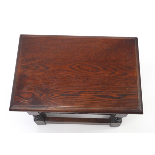 58 - Old charm carved oak workbox. 38cm H x 46cm W x 30cm D
