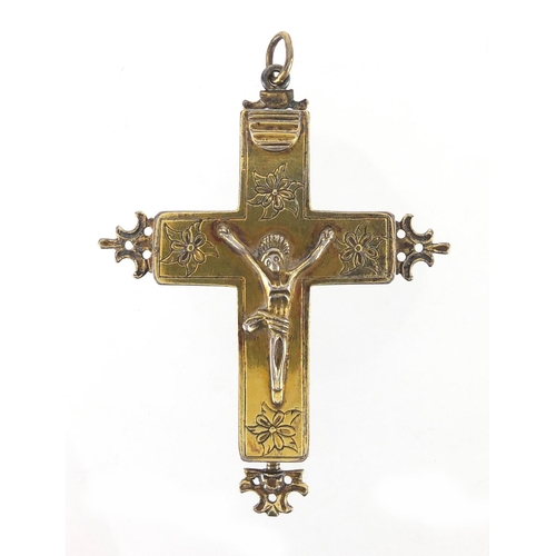 20 - Late 18/19th century silver gilt Relquary cross pendant, possibly Italian, 9cm high