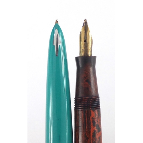 8 - Parker 61 fountain pen with turquoise body and a Swan brown ripple fountain pen with 14ct gold nib a... 